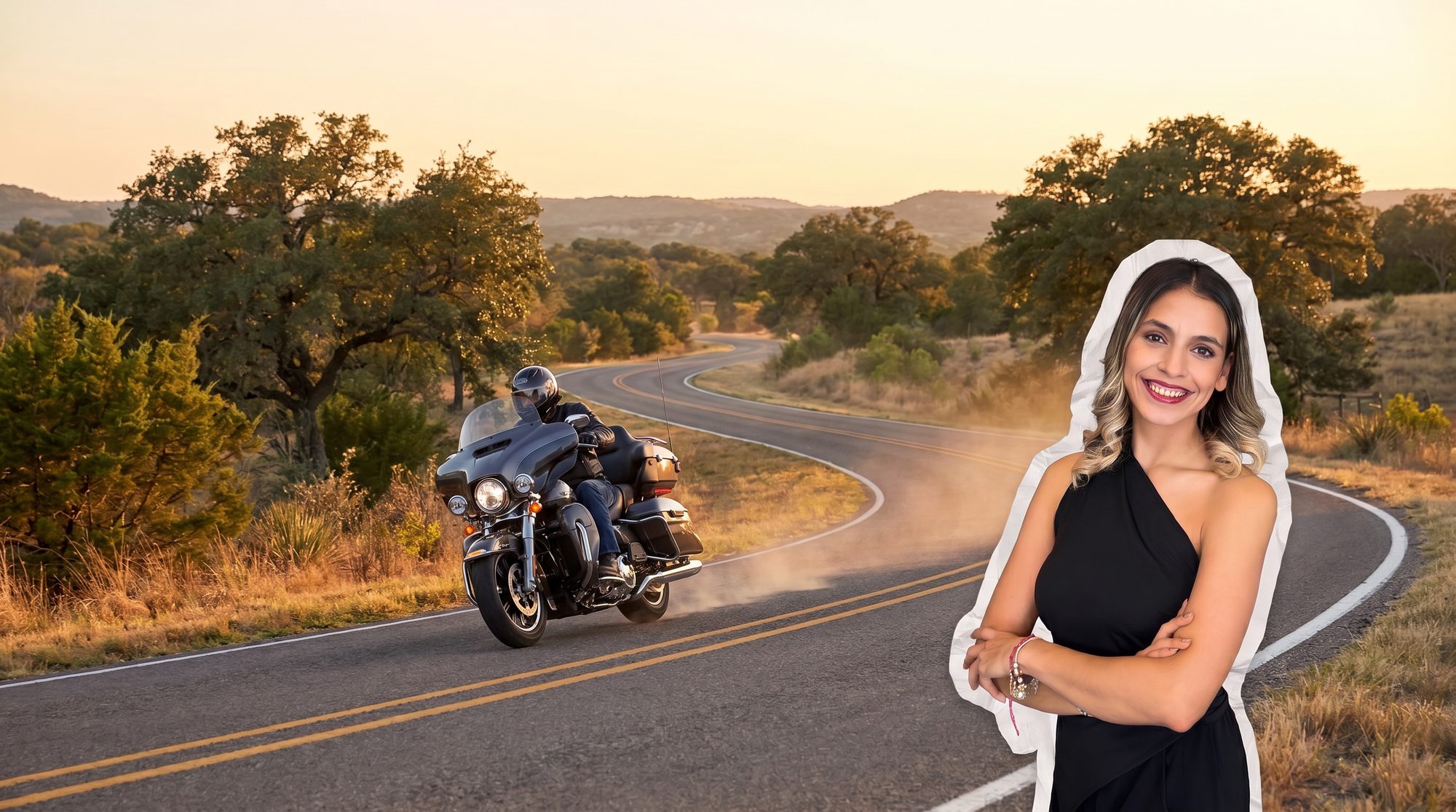 A licensed agent from the Piñon Insurance Group office, with a motorcycle on a West Texas road behind her