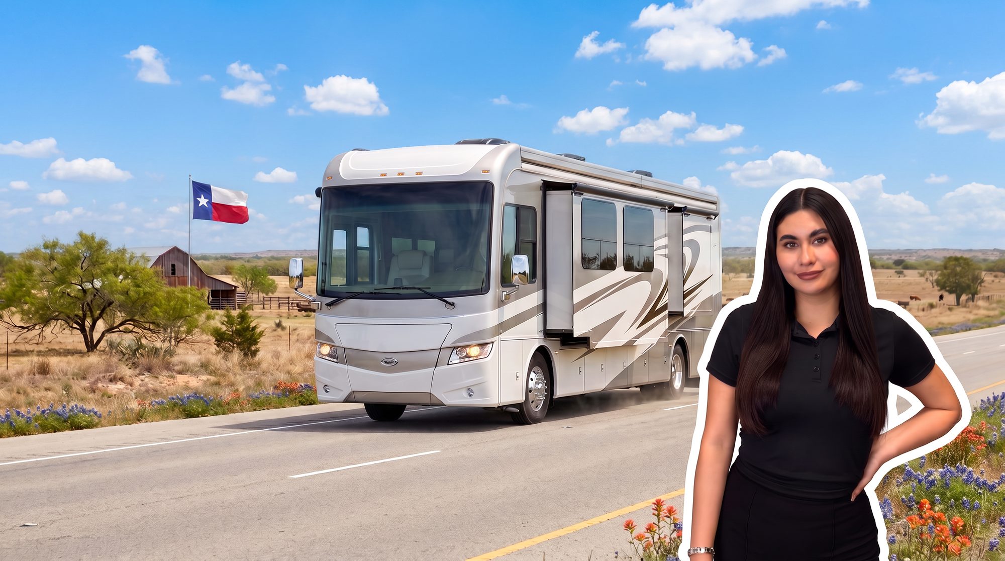 A licensed agent from the Piñon Insurance Group office, with a motorhome on a West Texas highway behind her